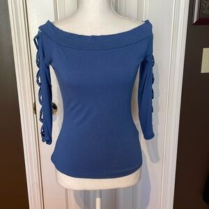 Mine Brand Blue Boat Neck Top With Cut Out Sleeves. Small